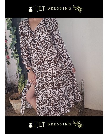 Robe longue fleurie style bohème chic-Imprimé marron et blanc