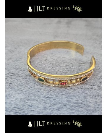 Bracelet Jonc Rigide en Acier Inoxydable Doré - Eclat Strass et Triangles Colorés