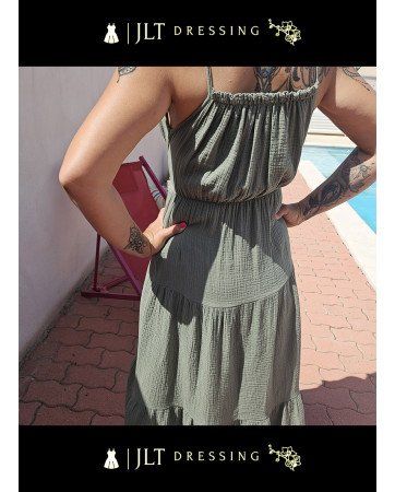 Robe Longue Kaki en Gaze de Coton - Style Bohème Chic